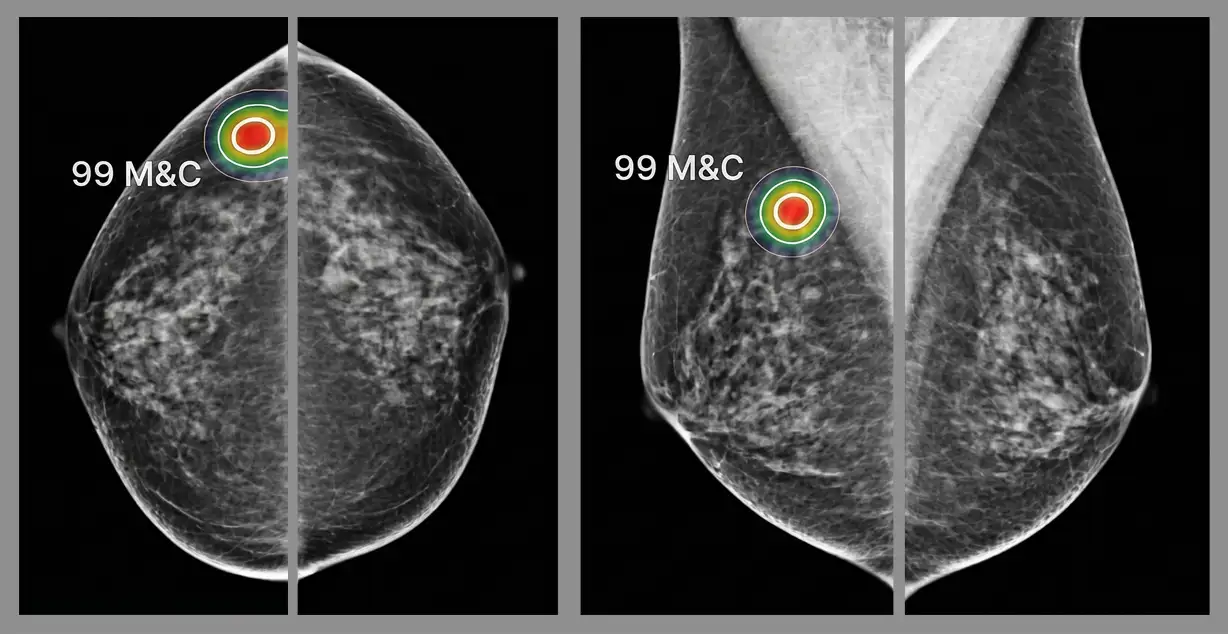 하얀 유선 조직에 가려진 2cm 이하의 아주 작은 암 의심 부위(99% 확률)를 AI가 찾아낸 영상